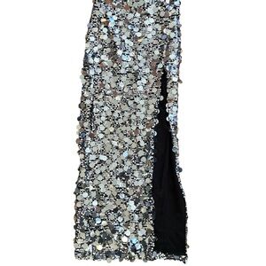 Lulus Silver Disc Sequin Side Slit Maxi Skirt - Size XS